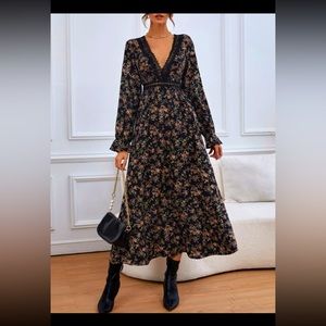 SHEIN Floral Print Lace Insert Flounce Sleeve Dress
